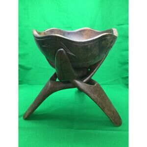 Hand Carved Wooden Serving Bowl With Matching Stand